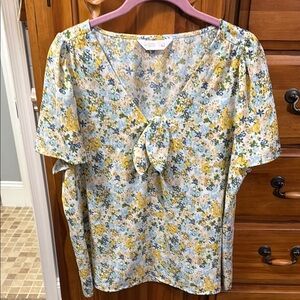 LC Lauren Conrad White Puff Sleeve Tie Front Blouse